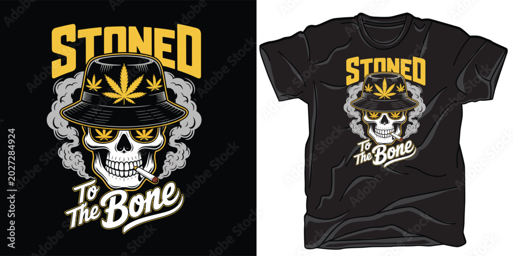 Fototapeta premium Stoned to the bone skull illustration with bucket hat and marijuana leaves for streetwear apparel design featuring smoking skeleton head character art.