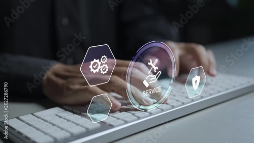 Online support service assistant concept. Person typing keyboard with customer service and communication icons, remote assistance, help desk support and digital customer care.