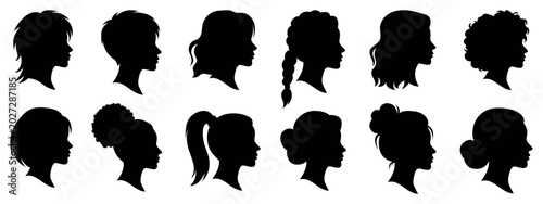 Cameo female head silhouette set women hairstyle profile beauty icons