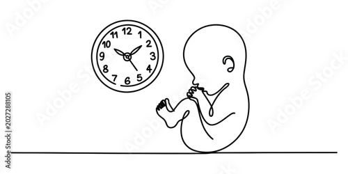 Konstfotografi Continuous line drawing of a baby fetus and a wall clock