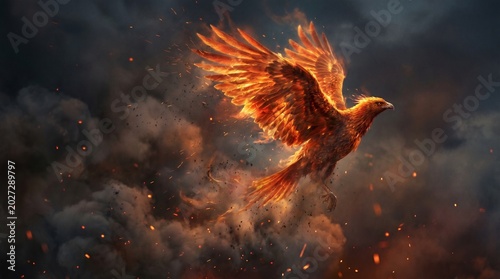 Majestic phoenix rising with powerful wings spread wide amidst intense swirling clouds of dark smoke and glowing embers in this dramatic and high quality cinematic photograph