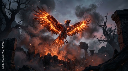 Majestic phoenix rising with wings spread wide in a dramatic display of glowing flames and intense fire sparks within this dark and mysterious cinematic fantasy photograph