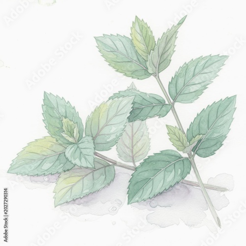 Delicate Watercolor Illustration of Mint Leaves