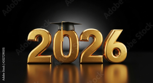 Golden 2026 graduation year numbers with a black graduation cap on top, reflecting light against a dark background