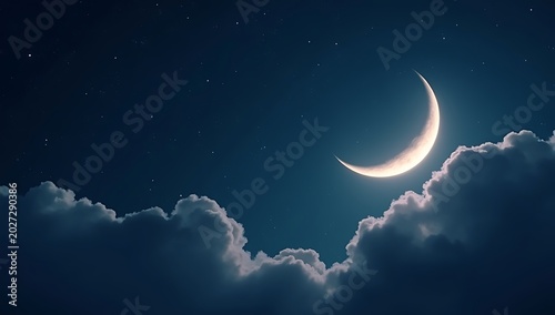 Crescent Moon Shines Brightly Above Fluffy Clouds at Night.