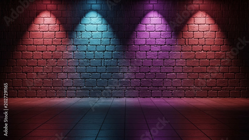 Fotografia Red and blue and purple spotlights shining down on a dark textured brick wall an