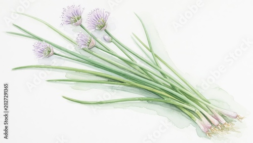 Fresh Chives with Purple Blossoms on White Background