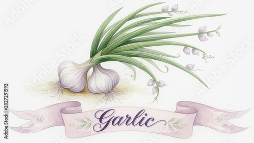 Fresh Garlic Illustration with Decorative Ribbon Design