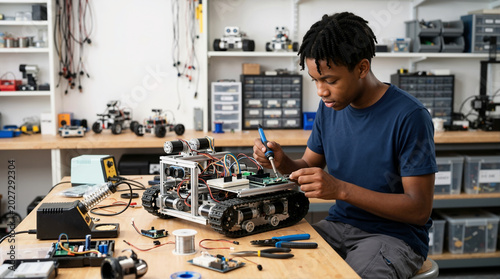 Focused Black teenage boy soldering electronic components on a tracked robot. Young African American student working on an engineering project at a workbench. STEM education and robotics concept