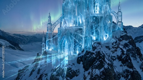 Majestic ice palace structure glowing with ethereal blue light sits atop a snowy mountain peak under a vibrant sky featuring the beautiful natural northern lights phenomenon