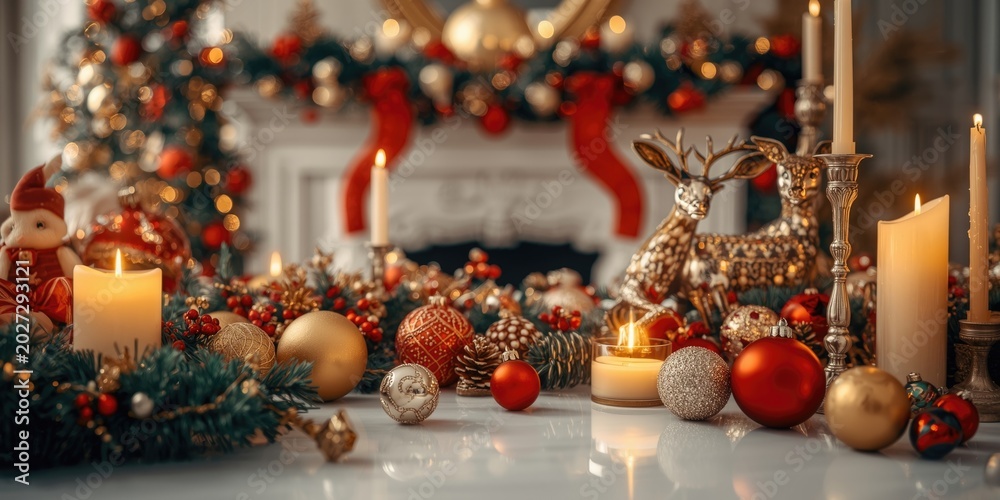 Fototapeta premium Christmas themed decorations displayed on a clean white table surface with copy space for text