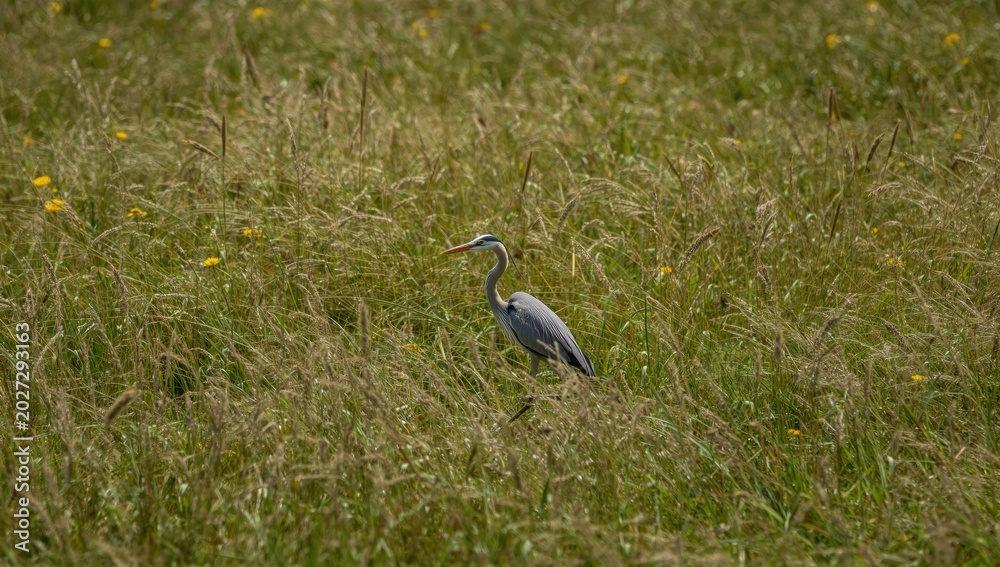 Fototapeta premium Grey Heron Foraging in Dense Meadow Summer Afternoon, Natural Light