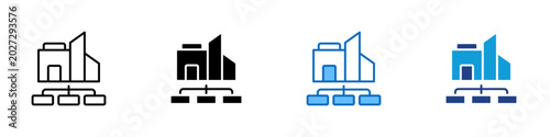 Factory Structure Multiple Style Icon Design Vector - Factory with hierarchy nodes representing industrial organization, production structure, and facility management
