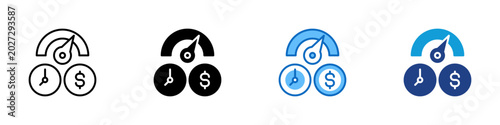 Performance Metrics Multiple Style Icon Design Vector - Gauge with clock and dollar sign representing performance metrics, time efficiency, and cost monitoring