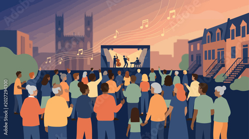 A vibrant flat design illustration capturing a diverse crowd enjoying an outdoor jazz concert under the night sky. This 2D vector artwork conveys the joyful and communal atmosphere of a music festival