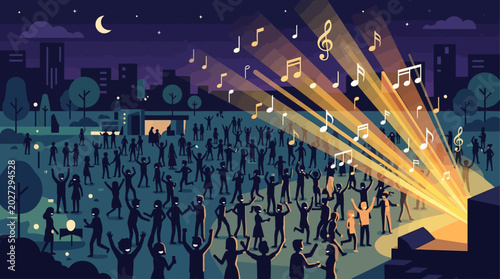 A vibrant flat design illustration capturing a diverse crowd enjoying an outdoor jazz concert under the night sky. This 2D vector artwork conveys the joyful and communal atmosphere of a music festival