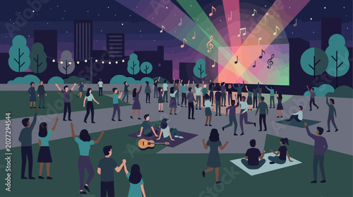 A vibrant flat design illustration capturing a diverse crowd enjoying an outdoor jazz concert under the night sky. This 2D vector artwork conveys the joyful and communal atmosphere of a music festival