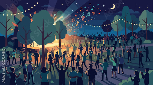 A vibrant flat design illustration capturing a diverse crowd enjoying an outdoor jazz concert under the night sky. This 2D vector artwork conveys the joyful and communal atmosphere of a music festival