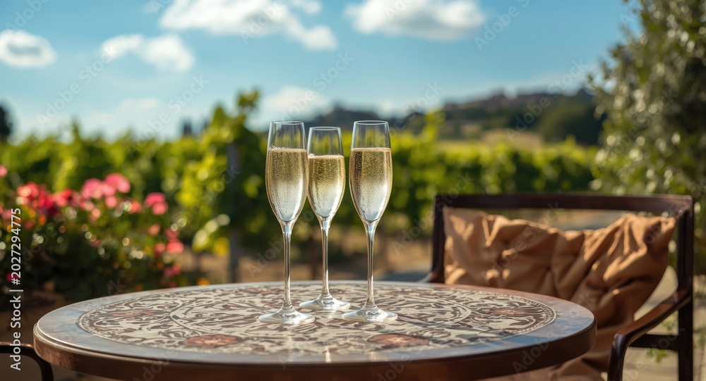 Fototapeta premium Celebrating with sparkling white wine in elegant flute glasses on a sunny vineyard terrace