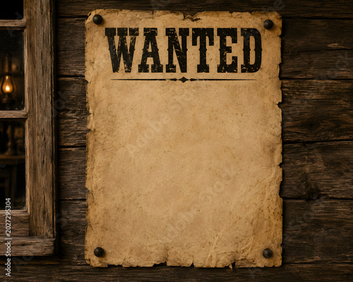 A blank wanted poster hanging against a rustic wooden wall background.