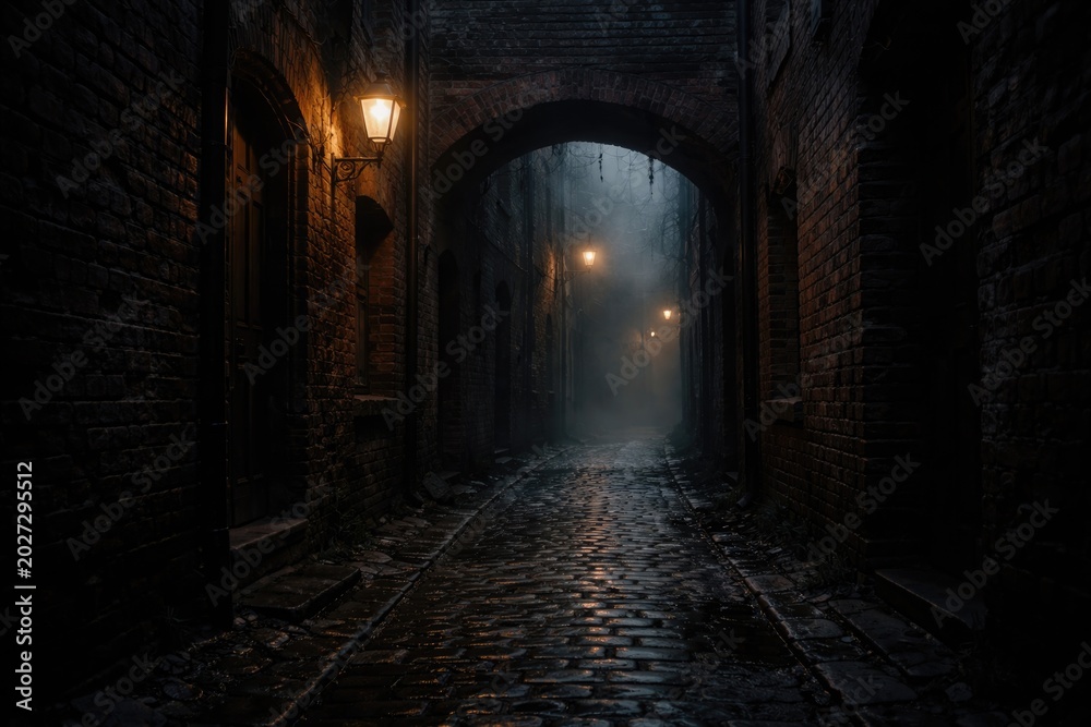 Obraz premium Mysterious old brick and cobblestone lane with dim lighting creating a scary atmosphere