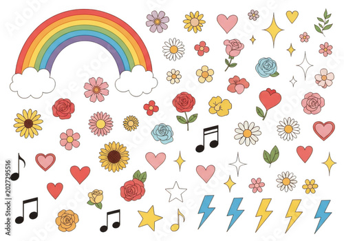 A vibrant collection of stickers featuring a rainbow and various colorful icons. isolated on transparent background