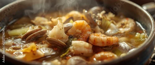 Obraz  z motywem Classic seafood chowder full of fresh clams shrimp and celery in a creamy broth