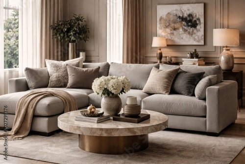 Refined living room setting highlighting a gray sofa and tasteful decorative home accessories