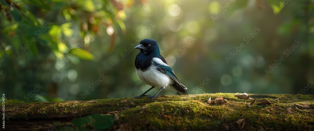 Fototapeta premium A curious magpie positioned on a mossy log as the wind blows through the woodland