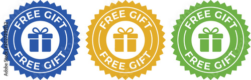 Fotografía Set of three colorful free gift badge stickers with ribbon style edge