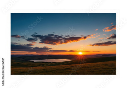 A serene landscape at sunset with a lake and vibrant sky. isolated on transparent background
