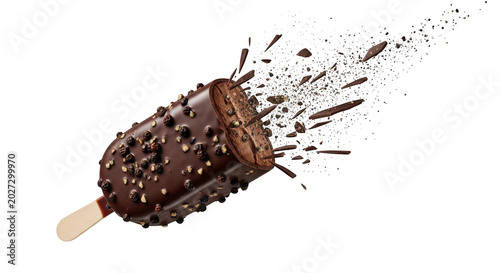Chocolate ice cream bar with nuts and chocolate chips, exploding with delicious crumbs isolated on transparent background