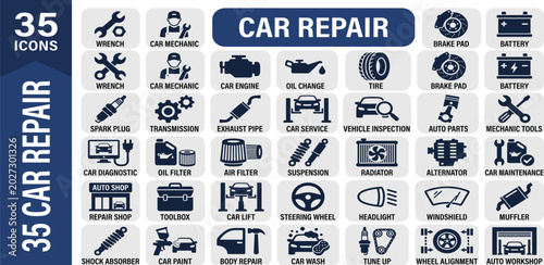 Foto Car repair icon set - service, car mechanic, car, and auto parts icon collection