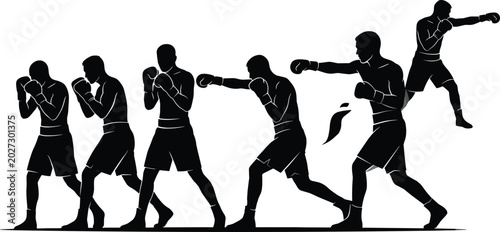 Bild auf Leinwand Boxing athlete silhouette sequence with punching action poses dynamic combat spo