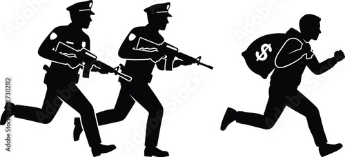 Εκτύπωση καμβά Police officers chasing robber silhouette with money bag crime enforcement actio