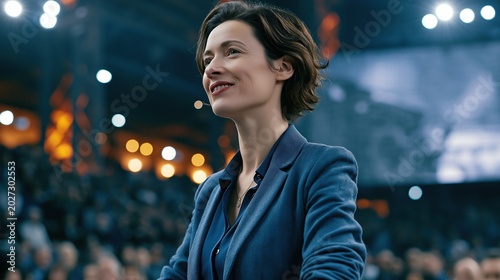 Smiling confident female business speaker on stage during conference event with blurred audience and warm round stage lights in dark background