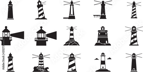 Cuadro en lienzo Lighthouse icons, navigation symbols, coastal signs, vector graphics
