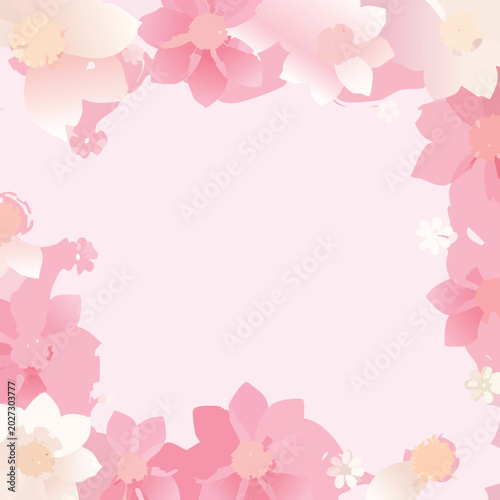 Floral frame with pink and white flowers on a soft pink background