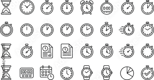Photos Time and Clock Icon Set Featuring Hourglasses, Wall Clocks, Stopwatches, Alarm C