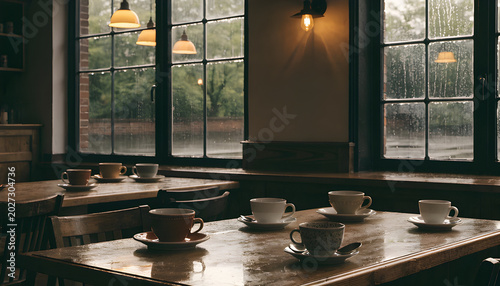calm empty café scene before sunrise, warm ambient lighting, ceramic cups and soft shadows, peaceful solitude mood