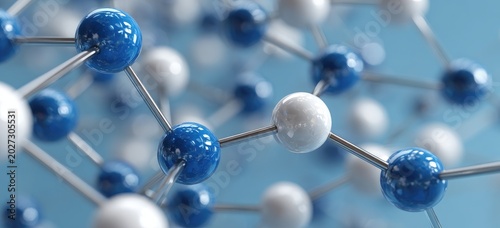 Abstract molecular structure of blue and white spheres connected by metallic rods