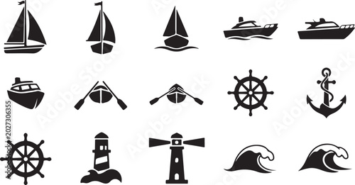 Foto Nautical icons, marine symbols, boat signs, sailing graphics, vector set