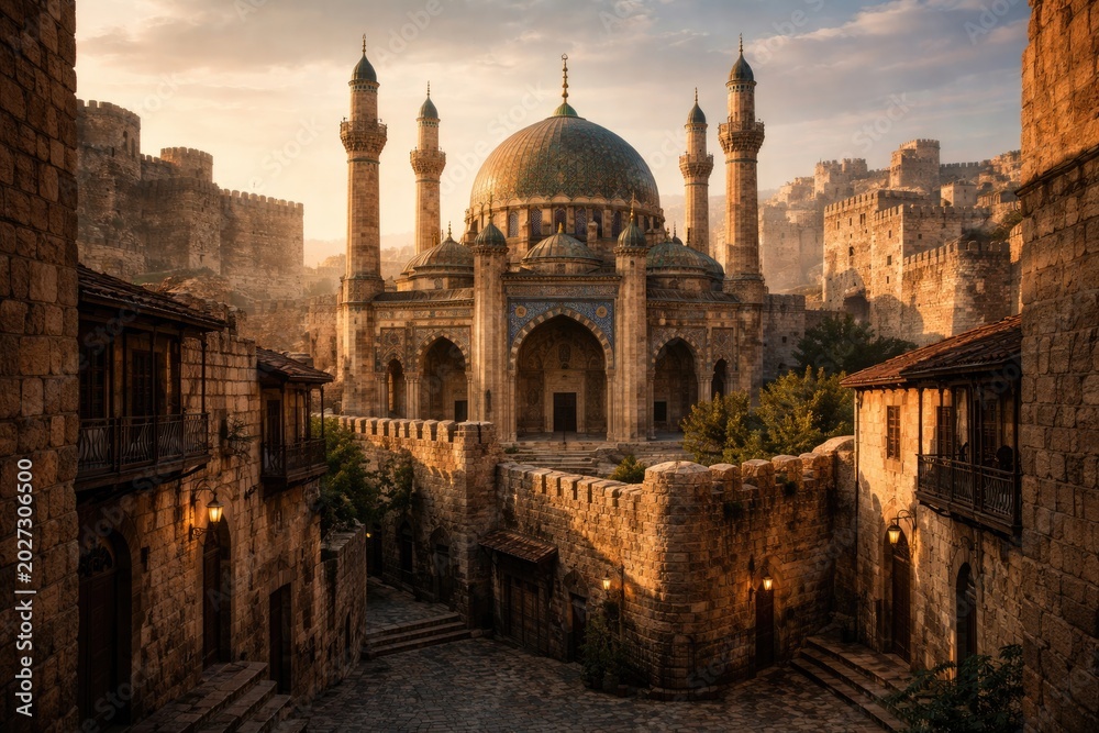 Fototapeta premium Beautifully preserved ancient mosque surrounded by historic city walls and narrow alleys
