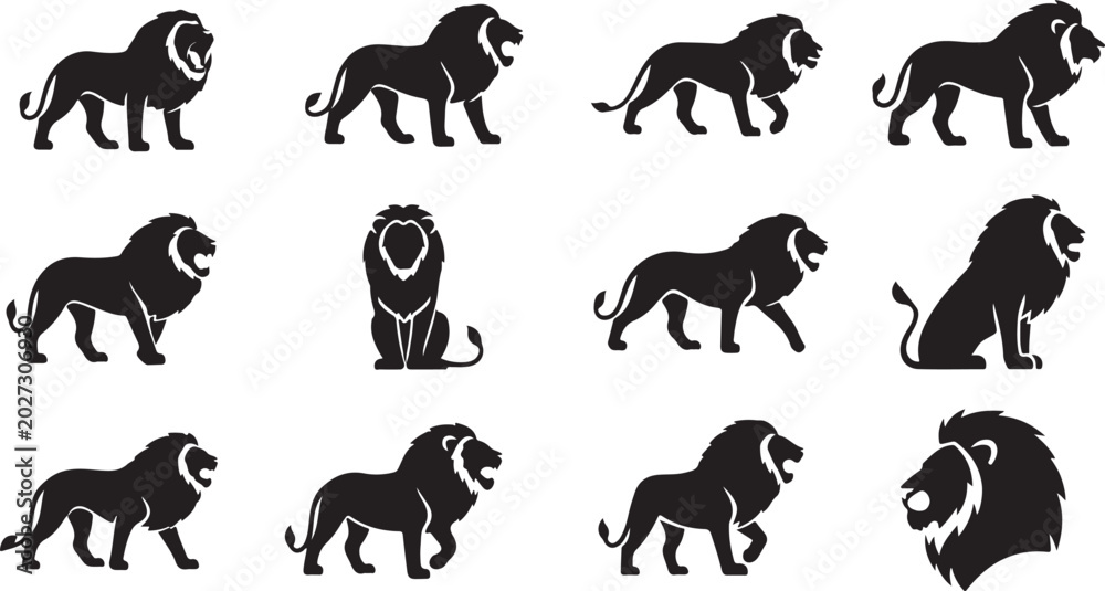 Fototapeta premium Lion silhouettes, lion icons, black lion graphics, 12 lion symbols