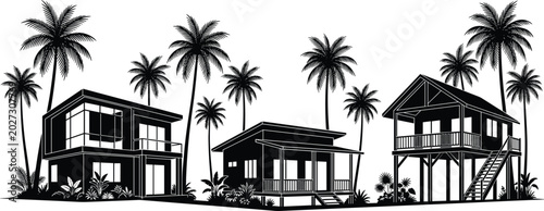 Bild auf Leinwand Tropical beach house silhouette collection with palm trees modern island villas