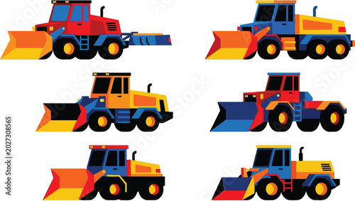 Принти на полотні Set of colorful snowplow and bulldozer vehicles flat vector illustrations ideal