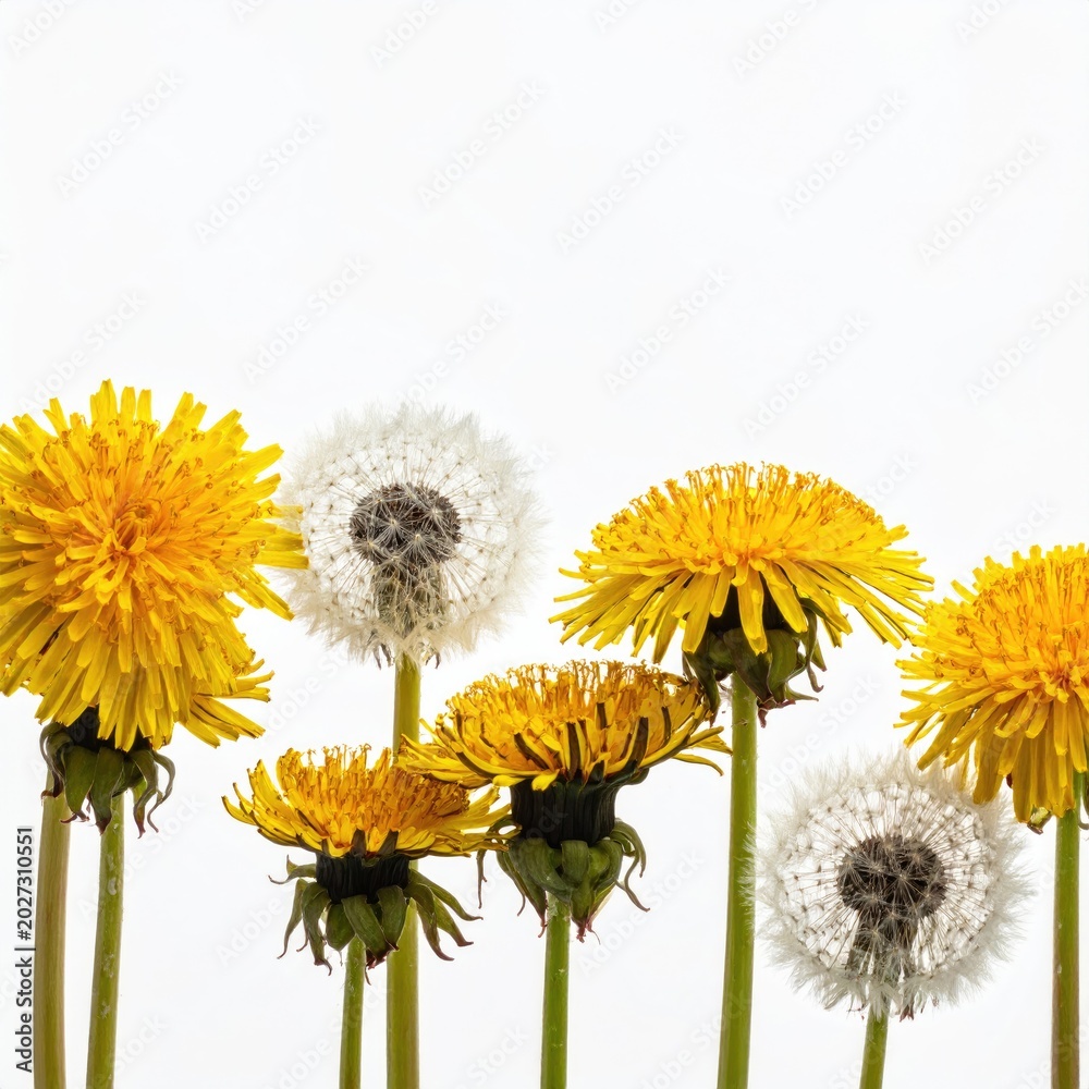 Obraz premium Yellow and white fluffy seed heads and bright yellow blossoms