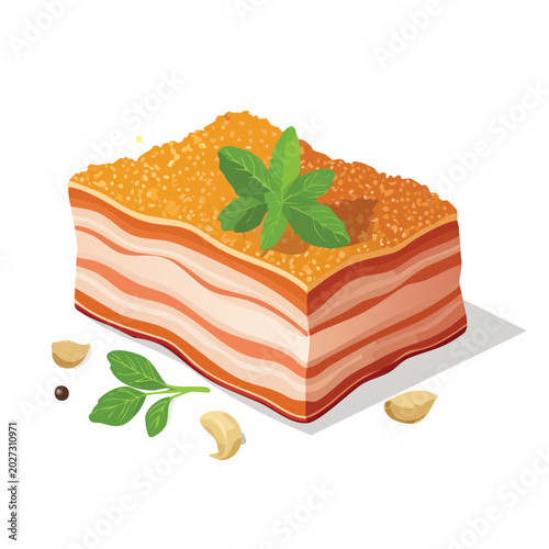 Freshly prepared bacon slice with herbs and spices on white background