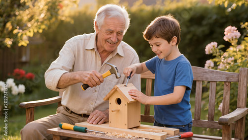 Happy Grandfather and Grandson Building a Wooden Birdhouse in Backyard