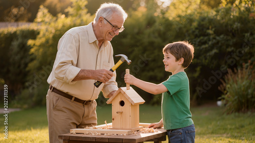 Happy Grandfather and Grandson Building a Wooden Birdhouse in Backyard